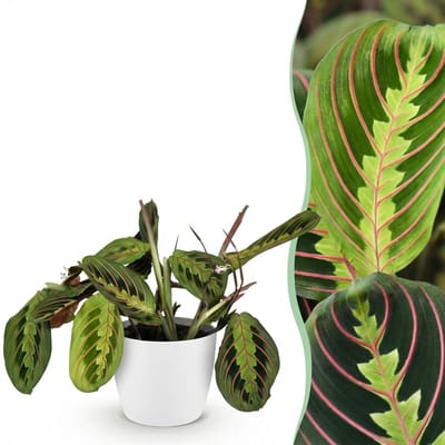 Plantenboetiek.nl | Maranta Fascinator Tricolour - Gebedsplant - Huisdiervriendelijke Plant - Groen - met Potter Wit - Ø12cm - 25cm hoog - Kamerplant - Arrangement - Plant met pot