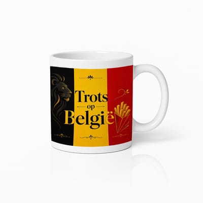 Trots op België Mok – Belgische Vlag Leeuw Friet Design – Witte Koffiemok 330 ml – België Supporter Cadeau Beker