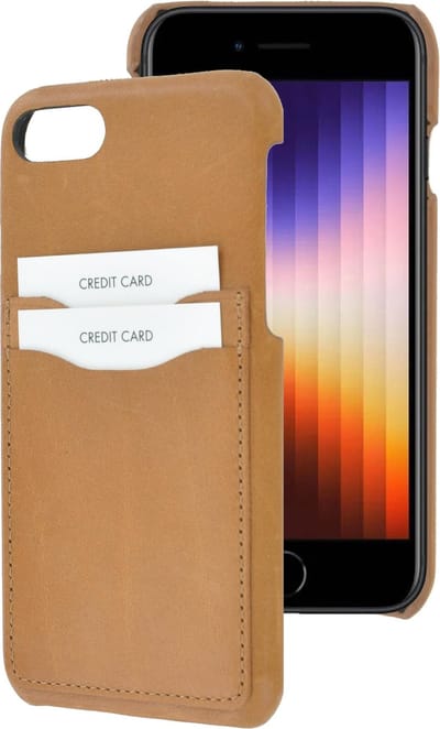 Geschikt voor iPhone SE 2022 Hoesje - Echt Leer Backcover - Met Pasjeshouder - SE2022 Case Echt Leder Back Cover Camel Bruin