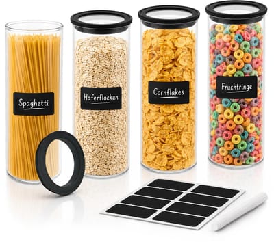 Voorraadpotten met transparant glazen deksel, 1800 ml, set van 4, voorraadpotten van glas met deksel, luchtdicht, grote luchtdichte opbergpotten met etiketten en pen voor meel, muesli, rijst