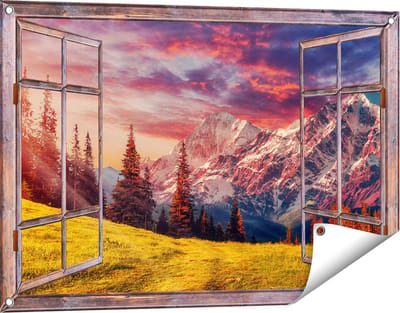 Gards Tuinposter Doorkijk Alpen Landschap met een Kleurrijke Hemel - 90x60 cm - Tuindoek - Tuindecoratie - Wanddecoratie buiten - Tuinschilderij