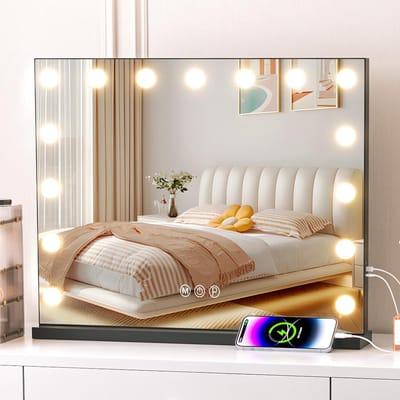 Verlichte Make-up Spiegel - Hollywood Spiegel - Perfecte Make-up - Dimbare Lampen 3 Kleuren - 23x18 Inch - Zwart