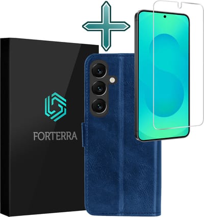 Hoesje Met Screenprotector - Geschikt voor Samsung Galaxy S25 - Luxe Pasjeshouder - Flipcase - Bookcase Portemonee - Flip Case - Kunstleer Book Case - Book Cover - Walletcase - Portemonneehoes - Donkerblauw