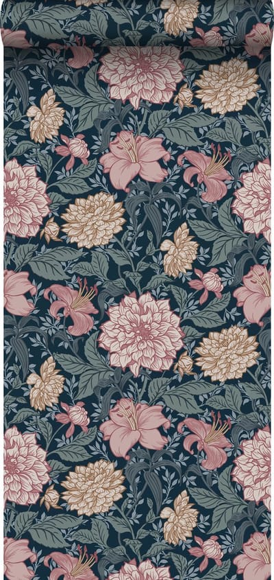 ESTAhome behang vintage bloemen blauw en oudroze - 53 cm x 10.05 m - 139382