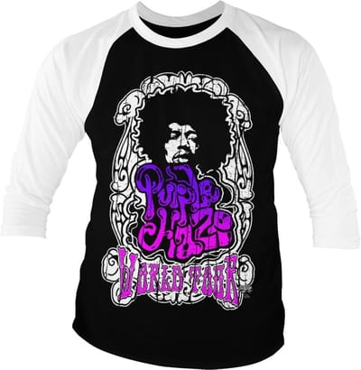 Jimi Hendrix Purple Haze World Tour Baseball 3/4 Sleeve Tee T-Shirt White-Black-S
