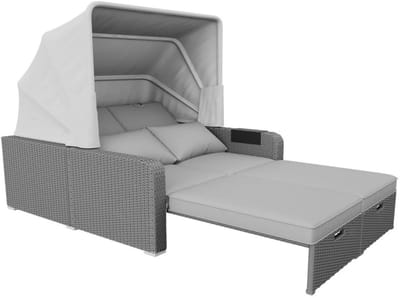 Sensova - 2-Persoons Buitenligstoel met Zonnescherm - Multifunctionele Tuinbank en Relaxstoel - Verstelbaar Ligbed voor Tuin, Terras en Strand - Weerbestendig Polyrotan en Stalen Frame - Luxe Comfort in Grijs Design