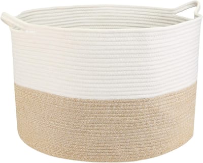 XXL Wasmand van Katoen, Ronde Opbergmand met Handvatten, 55 x 35 cm, Wit-Bruin, Ideaal voor Huishouden en Organisatie