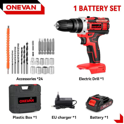 ONEVAN 25+3 Couple Perceuse à percussion électrique Multifonctionnelle 2 Vitesses Perceuse à percussion sans fil Outil électrique Pour Batterie Makita 18V Broche 1Battery-Red B