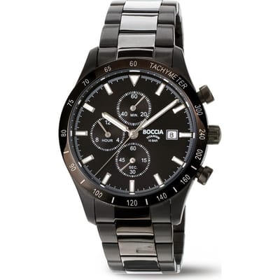 Boccia Titanium 3739-02 Heren Horloge - Chronograaf - Mineraalglas - Zwart - 40 mm breed - Quartz - Vouw/Vlindersluiting - 10 ATM (zwemmen)