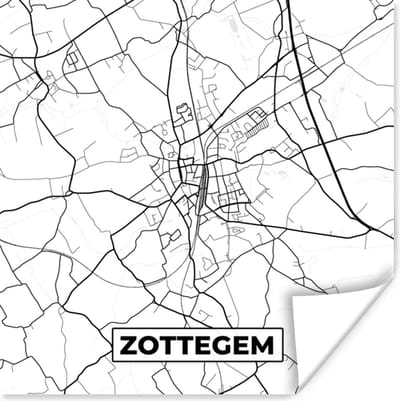 Poster Zwart Wit – België – Plattegrond – Stadskaart – Kaart – Zottegem - 100x100 cm XXL