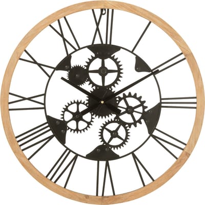 J-Line klok Romeinse Cijfers Wielen - metaal/hout - zwart - small - Ø 60 cm
