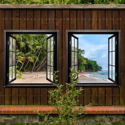 Tuinposter Doorkijk Raam nr6 Set - Tuindecoratie - twee stuks van 120 x 120 cm - Tuindoek - PosterGuru