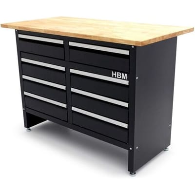 HBM werkbank 120 cm met 8 laden, massief houten werkblad, zwart