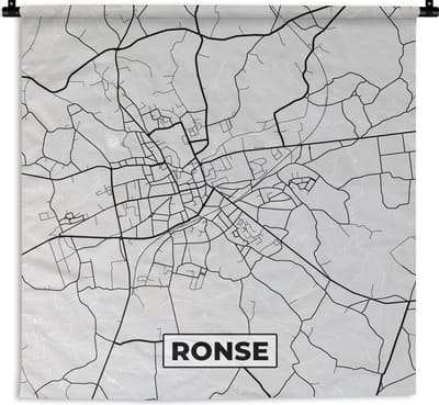 Wandkleed - Wanddoek - Zwart Wit – België – Plattegrond – Stadskaart – Kaart – Ronse - 180x180 cm - Wandtapijt