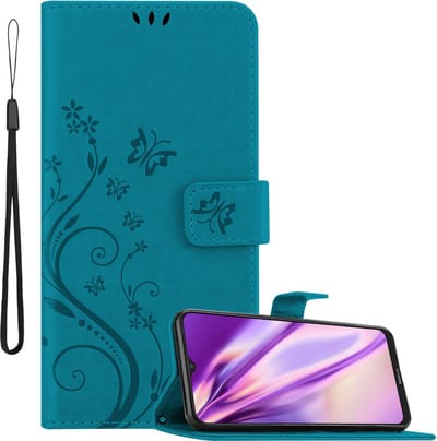 Cadorabo Hoesje geschikt voor Nokia G10 / G20 in BLOEMEN BLAUW - Beschermhoes in bloemmotief met magnetische sluiting, standfunctie en kaartsleuven Book Case Cover Etui