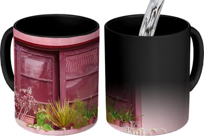 Magische Mok - Foto op Warmte Mokken - Koffiemok - Raam - Planten - Roze - Plantenbak - Magic Mok - Beker - 350 ML - Theemok