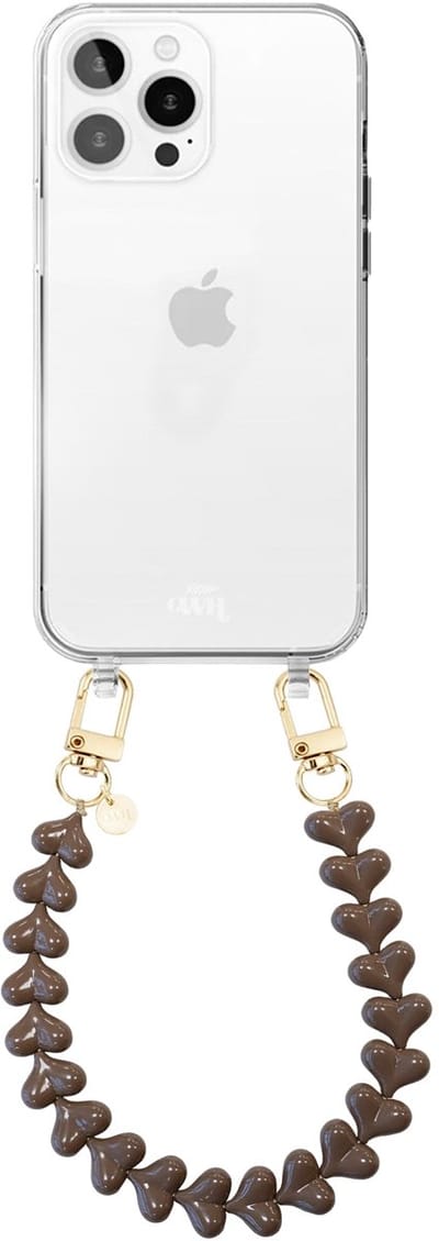 xoxo Wildhearts siliconen hoesje geschikt voor iPhone 11 Pro hoesje - Funky Hearts (Dark Brown) - Telefoonhoesje - Hoesje met koord - Bordeaux rood koord - kort telefoonkoord - Hartjes ketting - Transparant hoesje