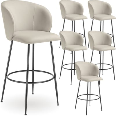 tectake® Set van 6 Barkrukken Luana - Gestoffeerde Barkruk met rugleuning - Barstoelen - Barstoel met voetensteun - Eetkamerstoel met fluwelen bekleding - Stevige stalen poten met antislip vloerbescherming - Crème/zwart