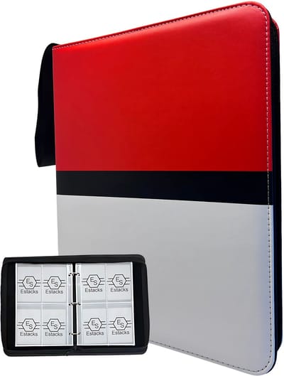 Estacks Verzamelmap voor 400 Kaarten – 4-Pocket Kaartenmap – Geschikt voor Ruilkaarten – Inclusief Card Sleeves – A5 Formaat – Rood - Wit