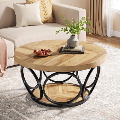 Tribesigns Salontafel - Rond 80CM - Bijzettafel - Woonkamertafel - Tafel - Koffietafel - Houtnerf & Zwart - 80 x 80 x 43 cm