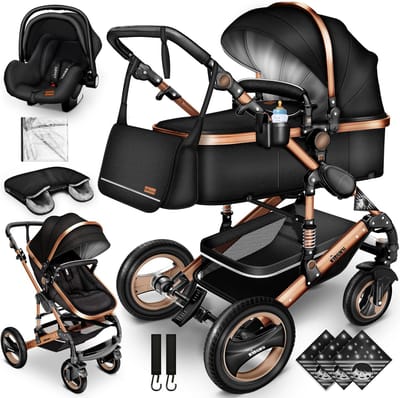 Buggy-Kinderwagen 3 in 1-kinderwagens Complete Set -One -Click Opvouwbare Kinderwagen-Kinderwagen Set voor Baby's Pasgeborenen XXL Set-(Zwart / Goud).
