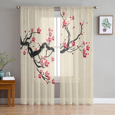Kersenbloesem Tak Bloem Chinese Stijl Transparante Gordijnen voor Woonkamer Decoratie Raamgordijnen Keuken Tule Voile Gordijnen W135 x H115cm x1 white