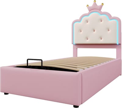 Gestoffeerd bed, 90 x 200 cm, met lattenbodem (matras niet inbegrepen), sfeerverlichting met afstandsbediening, prinsessenstijl, hydraulische opbergruimte, PU-materiaal, roze.