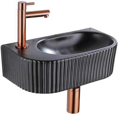 QeramiQ Fuente fonteinset – halfrond – 40x21.5x12 cm – keramiek zwart mat – kraangat links – geribbeld