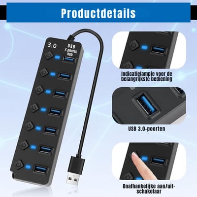 TIM® USB Hub met Voeding - USB Hub - USB Splitter - Zwart - 18cm x 18cm x 2cm