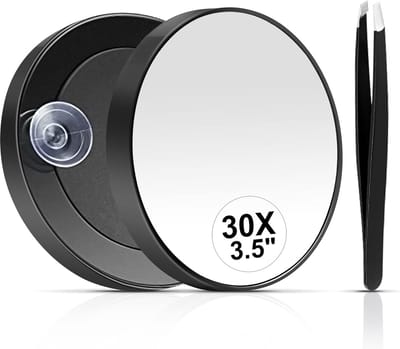 Famanu – Compacte 30x vergrootspiegel met zuignap en pincet, ideale reisspiegel voor wenkbrauwen