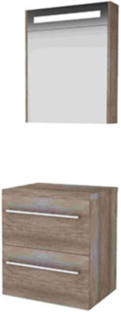 Basic-Line Premium 46 Badkamermeubelset - 60 x 46 cm - Met Grepen - 2 Lades - Wastafelblad - Spiegelkast met LED Verlichting - Scotch Oak