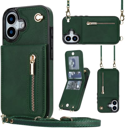 Multimedia & Accessoires Stijlvolle Leren Fashion Backcover Case Hoesje met Koord, Stand Ritsvak en Pasjeshouders geschikt voor Apple iPhone 17 - Groen