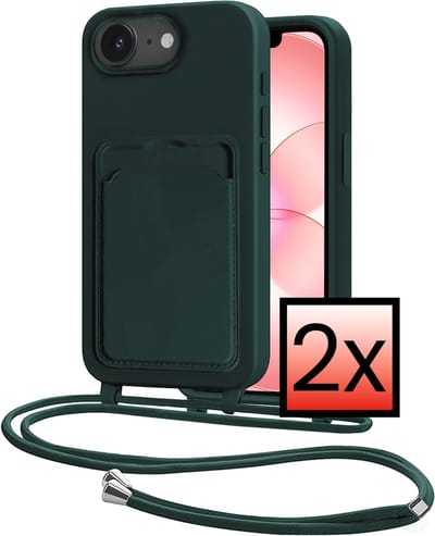 Hoes Geschikt voor iPhone 17e Met Telefoonkoord - Siliconen Hoesje Backcover Met Ketting - Donkergroen - 2 PACK