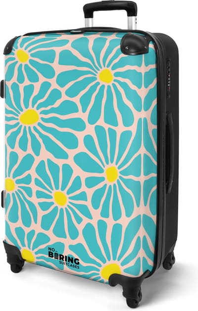 NoBoringSuitcases.com® - Reis koffer groot - Beige met blauwe bloemen - Rolkoffer lichtgewicht - Reiskoffer met 4 wielen volwassenen - Bagagekoffer - Valies grote trolley XL - 20 kg bagage