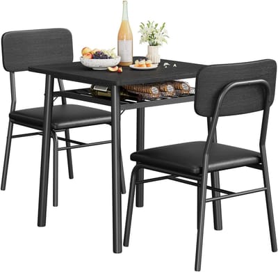Compacte Eethoek voor 2 Personen - Eettafel met 2 Gestoffeerde Stoelen & Opbergrek - Zwart - Ruimtebesparend - Complete Keukentafel Set