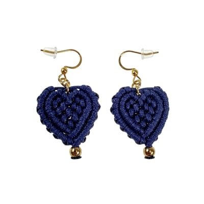 Blauwe Macramé Hart Oorbellen, Lange Oorbellen, Haakoorbellen, Verguld RVS, Dames - Lengte 45mm - Handgemaakt door esde2