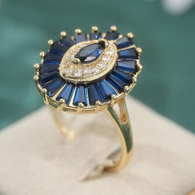 Bague Ornée de Zirconia Synthétique Bleu Scintillant Doré Tempérament pour Femmes Mode Charme Banquet Anniversaire Accessoires de Bijoux 8&Gold-color black