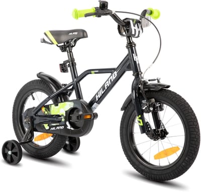 Hiland Stoere Jongensfiets - 12 Inch - Met Zijwieltjes & Standaard - Handrem & Terugtraprem - Zwart/Groen - Geschikt voor buitenactiviteiten in de lente