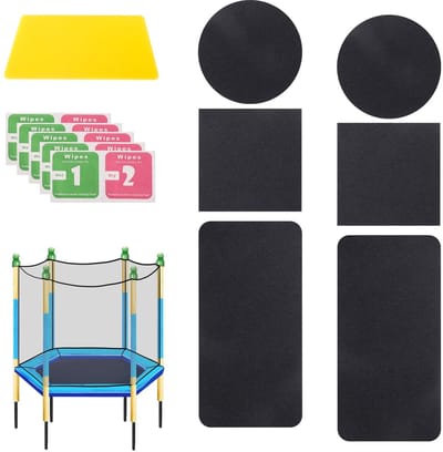Dailygoods- Trampoline Reparatieset 6 Stuks - Zelfklevende Patches - Ronde/Vierkante/Rechthoekige Patches - Inclusief Schraper - TPE-Materiaal - Zwart - Trampolinepleisters