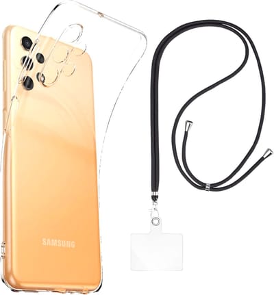 Set met hoesje en nekband voor Samsung Galaxy a13 4g - Flexibele, transparante TPU-bescherming, verstelbare universele nekband voor mobiele telefoons, zwarte nekband, transparante draagriem van Phonillico®