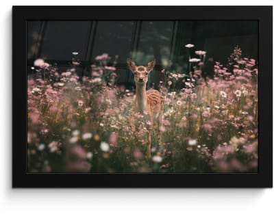 Poster in lijst - Fotolijst 30x20 cm - Posters - Hert - Wilde bloemen - Bos - Posterlijst zwart - Decoratie - Wanddecoratie woonkamer - Muurdecoratie slaapkamer