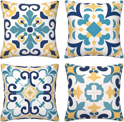 Set van 4 kussenslopen, 65 x 65 cm, bedrukt, blauw en geel, kussenslopen, fluweel, zacht, groot, ademend, dubbelzijdig, bankkussen, vierkant, decoratie voor auto, huis, woonkamer, bank, slaapkamer