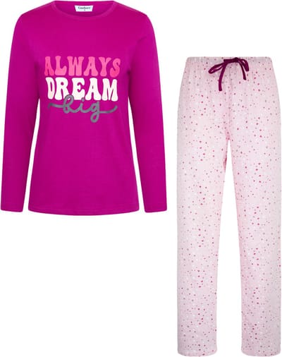 Gaubert Essential Dames Pyjama Lange Mouw - Broek met Zakken - Premium Gekamd Katoen - Always Dream Big - Fuchsia - Maat S - GB-2803