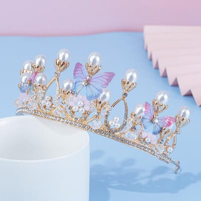 Nouvelle Couronne pour Enfants Couronne Perle Papillon Princesse Hôtesse Performance Modèle Défilé Bandeau Cristal Coiffe gray