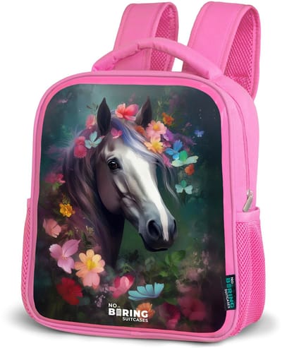 NoBoringSuitcases.com® - Rugzak roze - Schooltas meisjes - Paard - Wit - Kleurrijk - Bloemen - Kinder rugtas meisje - Boekentas kind - Kinderrugzak voor school - Schoolrugzak