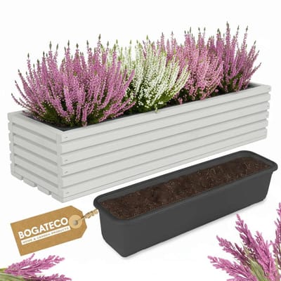 BOGATECO Houten Bloembak 64x20 cm met Binnenpot, Tuinbak, Balkonbak, Terrasbak, Bloempot met Inzet, Kruidenpot voor Thuis, Lichtgrijs