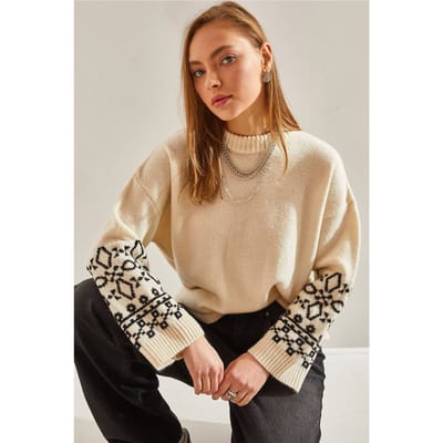 Ronde Hals Jacquard Gebreide Trui met Borduring