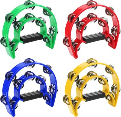 4 Stuks Dubbele Rij Tambourine, Halve Maan Tambourine met Metalen Jingles, Handheld Muziekinstrument voor Muzikanten en Bands
