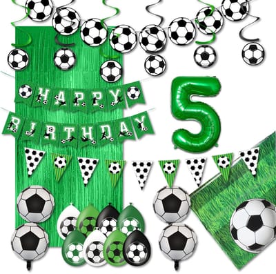 LUQ – Verjaardag 5 Jaar Voetbal Set – Groen-Zwart-Wit – Kinderfeest Football Decoratie – Birthday Versiering Pakket