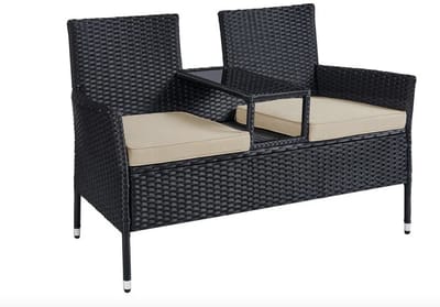 J&R Bistroset - Tuinbank - Tuinmeubel - Tuinstoel - 2 Stoelen en Tafel - Loungebank - Balkon Bank - Buiten bank - Inclusief kussens - Rotan - Zwart - Beige kussens